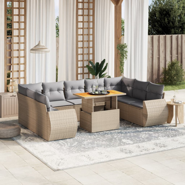 Conjunto de sofá de jardim com almofadas bege 10 peças de rattan sintético D