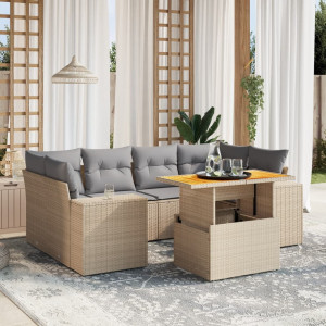 Set sofás de jardín 7 piezas y cojines ratán sintético beige D