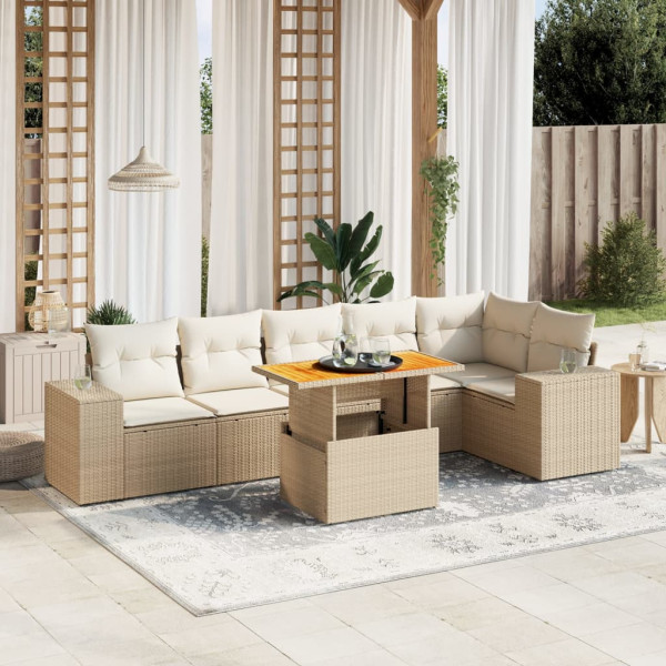 Set sofás de jardín 7 piezas y cojines ratán sintético beige D