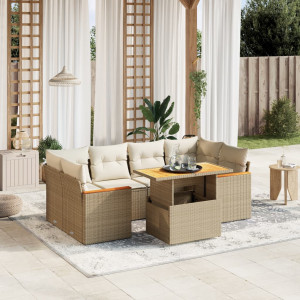 Set sofás de jardín 7 piezas y cojines ratán sintético beige D