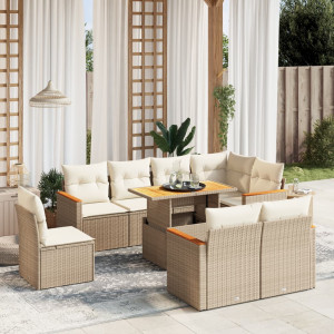 Set de sofás de jardín 9 pzas con cojines ratán sintético beige D