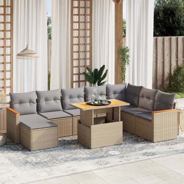 Set de sofás de jardín 9 pzas con cojines ratán sintético beige D