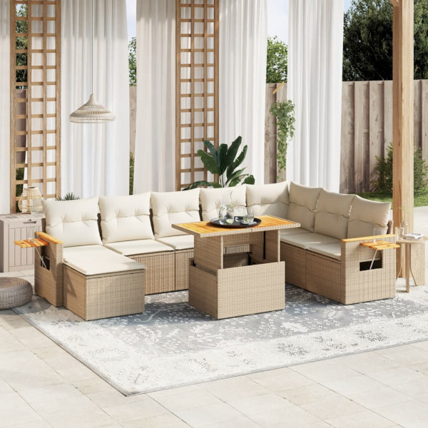 Set de sofás de jardín 9 pzas con cojines ratán sintético beige D