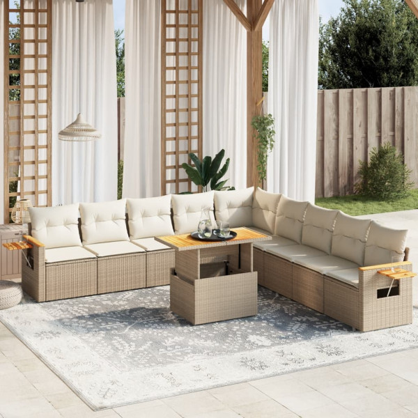 Set de sofás de jardín 11pzas con cojines ratán sintético beige D