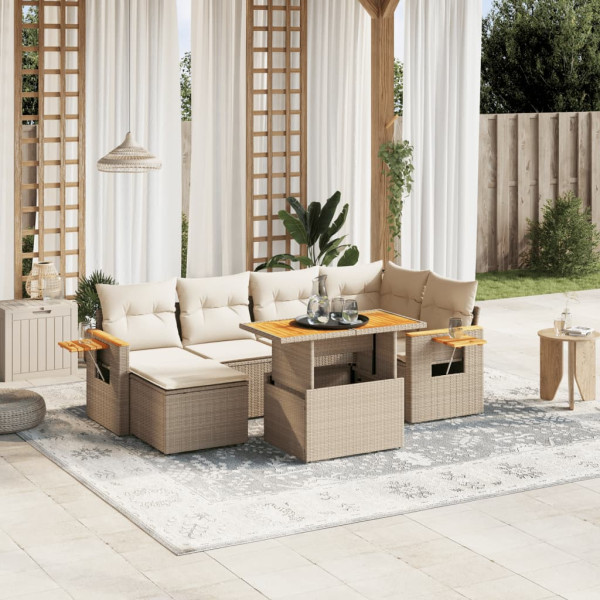 Set sofás de jardín 7 piezas y cojines ratán sintético beige D