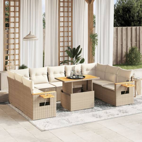 Conjunto de sofá de jardim com almofadas bege 10 peças de rattan sintético D