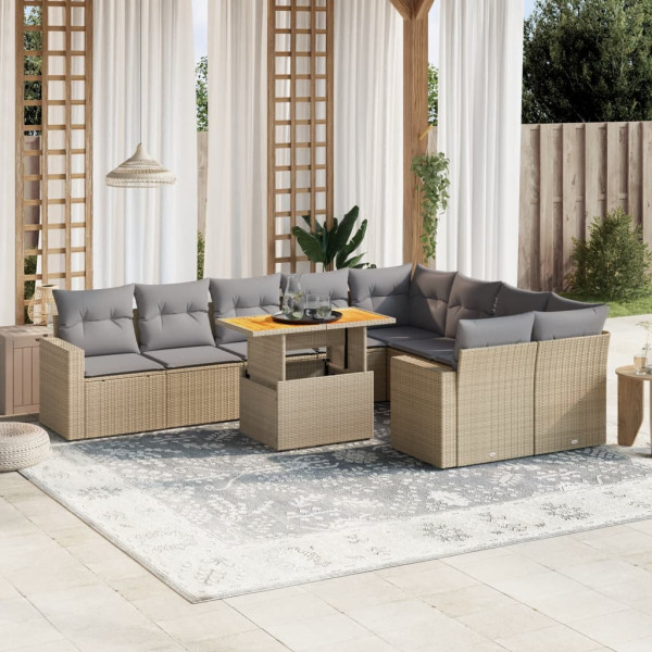 Conjunto de sofá de jardim com almofadas bege 10 peças de rattan sintético D