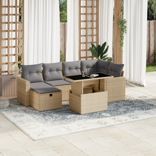 Set sofás de jardín 7 piezas y cojines ratán sintético beige D