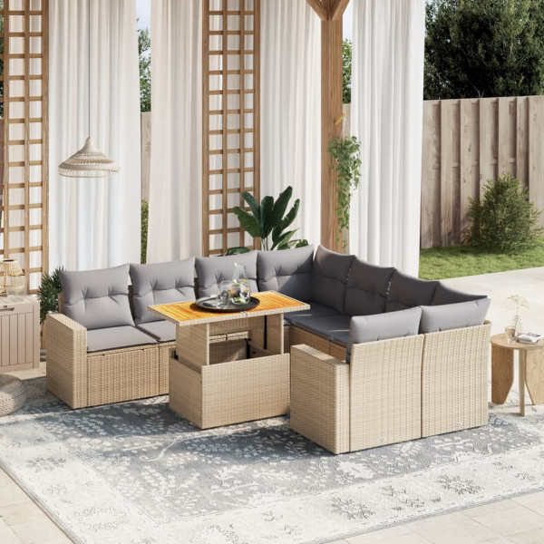 Sofá de jardim conjunto 9 pcs com almofadas de rattan sintético bege D