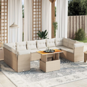 Set de sofás de jardín 11pzas con cojines ratán sintético beige D