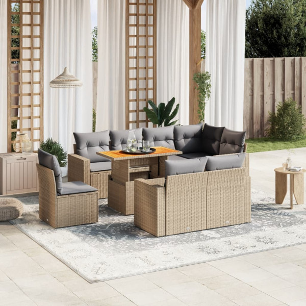 Sofá de jardim conjunto 9 pcs com almofadas de rattan sintético bege D