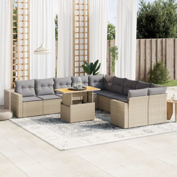 Set de sofás de jardín 11pzas con cojines ratán sintético beige D