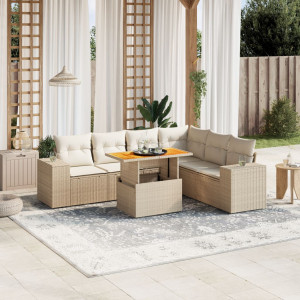 Set sofás de jardín 7 piezas y cojines ratán sintético beige D