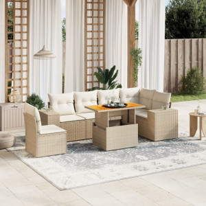 Set sofás de jardín 7 piezas y cojines ratán sintético beige D