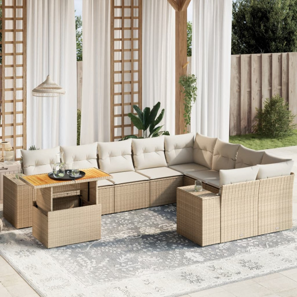 Conjunto de sofá de jardim com almofadas bege 10 peças de rattan sintético D