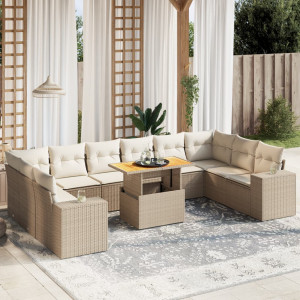 Set de sofás de jardín 11pzas con cojines ratán sintético beige D