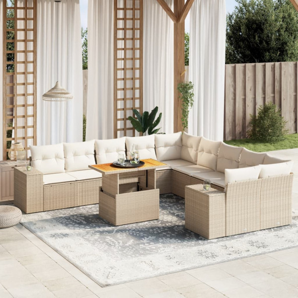 Set de sofás de jardín 11pzas con cojines ratán sintético beige D