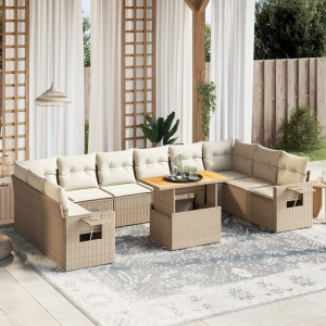 Set de sofás de jardín 11pzas con cojines ratán sintético beige D