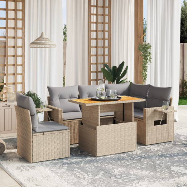 Sofá de jardim com almofadas 6 pcs bege sintético rattan D