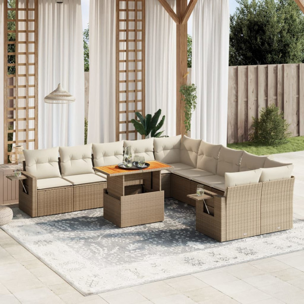 Set de sofás de jardín 11pzas con cojines ratán sintético beige D