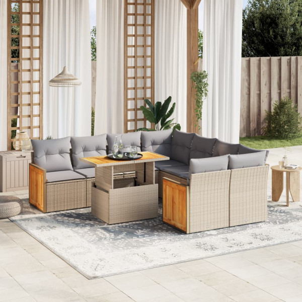 Sofá de jardim conjunto 9 pcs com almofadas de rattan sintético bege D