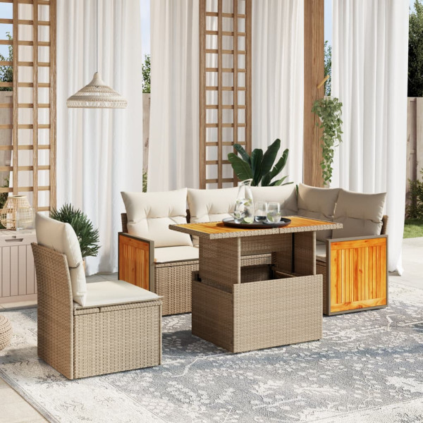 Sofá de jardim com almofadas 6 pcs bege sintético rattan D