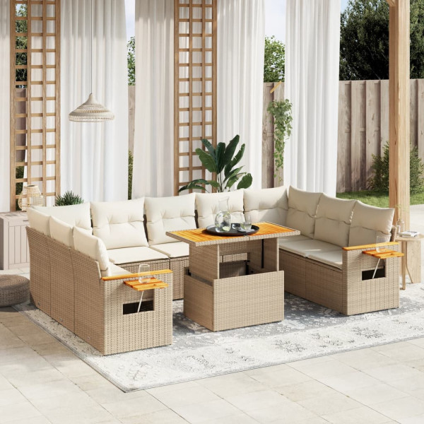 Set de sofás de jardín 11pzas con cojines ratán sintético beige D