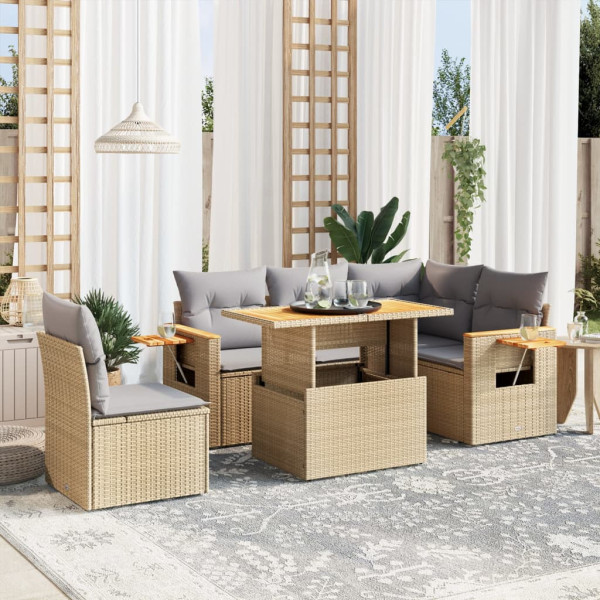 Sofá de jardim com almofadas 6 pcs bege sintético rattan D