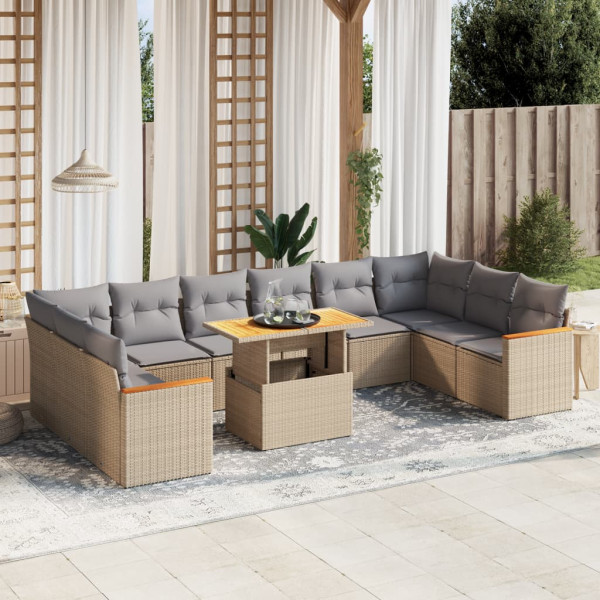 Set de sofás de jardín 11pzas con cojines ratán sintético beige D