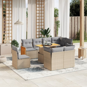 Set de sofás de jardín 9 pzas con cojines ratán sintético beige D