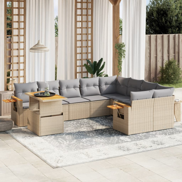 Conjunto de sofá de jardim com almofadas bege 10 peças de rattan sintético D