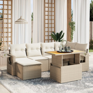 Set sofás de jardín 7 piezas y cojines ratán sintético beige D