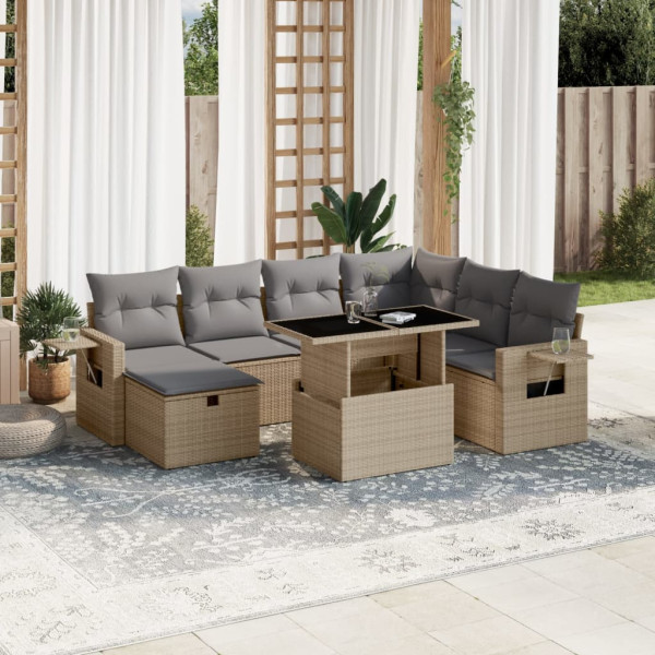 Set de sofás de jardín y cojines 8 piezas ratán sintético beige D