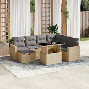 Set de sofás de jardín y cojines 8 piezas ratán sintético beige D