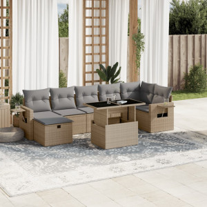 Set de sofás de jardín y cojines 8 piezas ratán sintético beige D