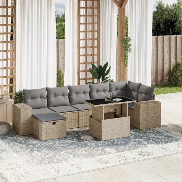 Conjunto de sofás de jardim e almofadas 8 peças bege sintético rattan D