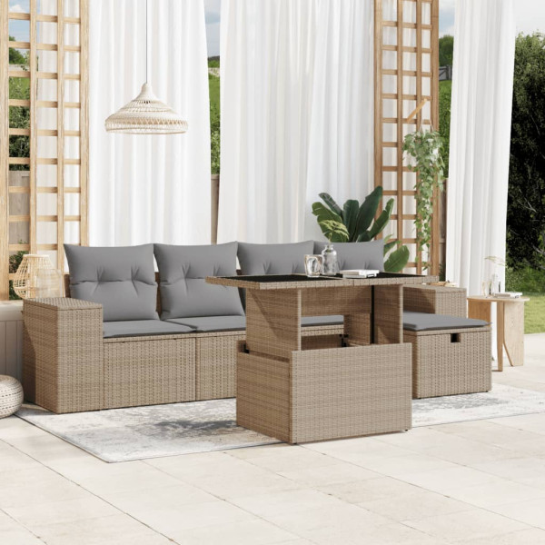 Sofá de jardim com almofadas 6 pcs bege sintético rattan D