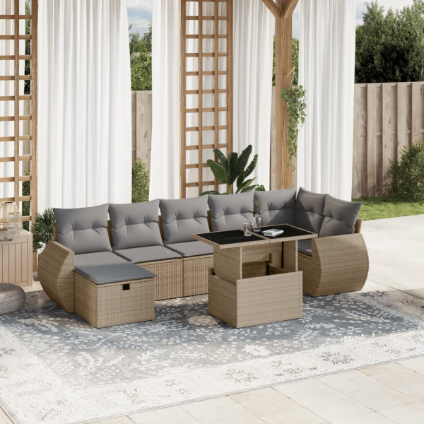 Set de sofás de jardín y cojines 8 piezas ratán sintético beige D