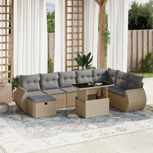 Sofá de jardim conjunto 9 pcs com almofadas de rattan sintético bege D