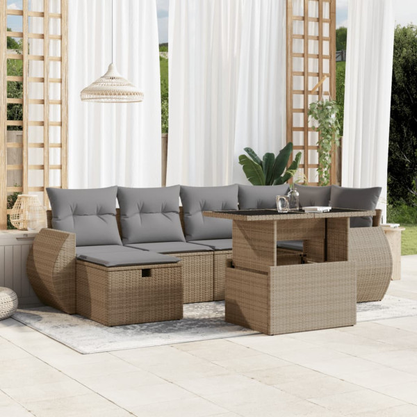 Set sofás de jardín 7 piezas y cojines ratán sintético beige D