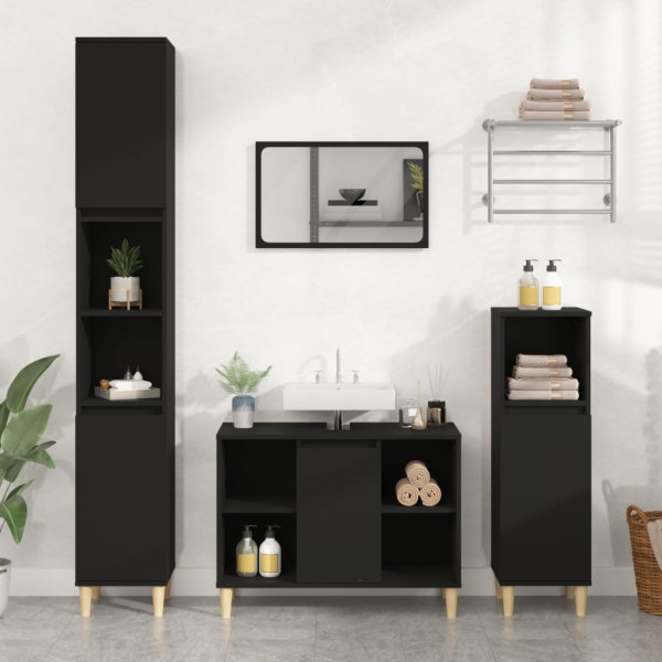 Juego de muebles de baño 3 pzas madera contrachapada negro D