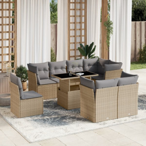 Set de sofás de jardín 9 pzas con cojines ratán sintético beige D