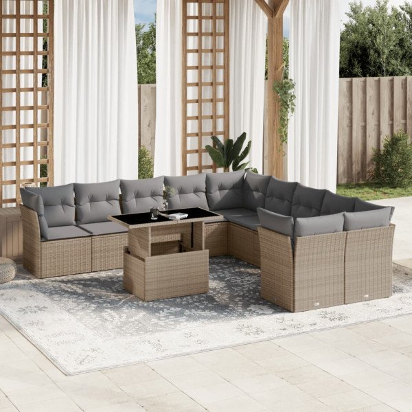 Sofá de jardim de 11 pz com almofadas de rattan sintético bege D