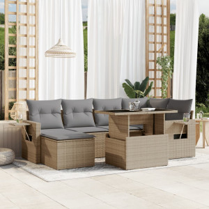 Set sofás de jardín 7 piezas y cojines ratán sintético beige D