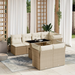 Set de sofás de jardín y cojines 8 piezas ratán sintético beige D