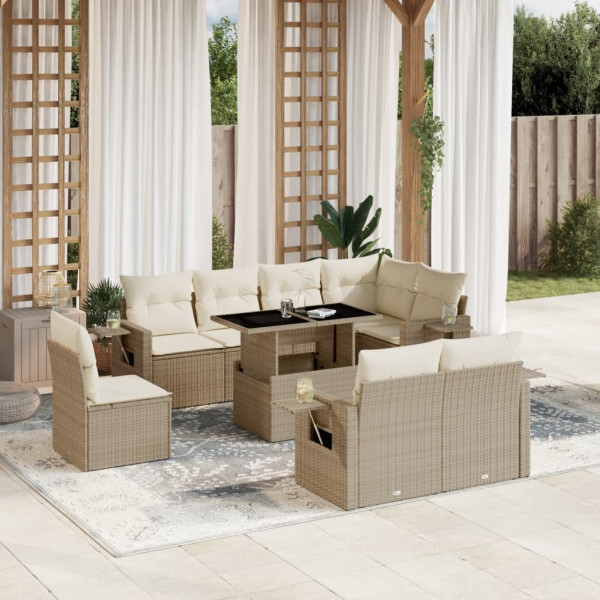 Sofá de jardim conjunto 9 pcs com almofadas de rattan sintético bege D