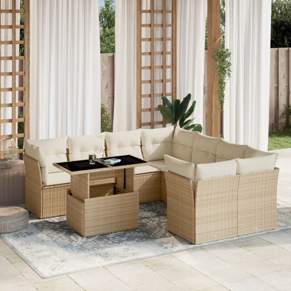 Sofá de jardim conjunto 9 pcs com almofadas de rattan sintético bege D