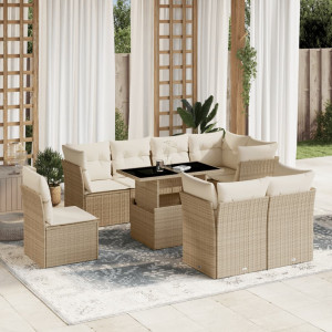 Set de sofás de jardín 9 pzas con cojines ratán sintético beige D