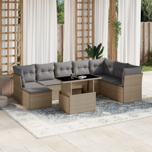 Set de sofás de jardín 9 pzas con cojines ratán sintético beige D