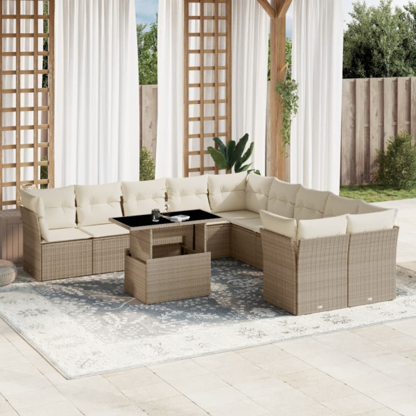 Set de sofás de jardín 11pzas con cojines ratán sintético beige D